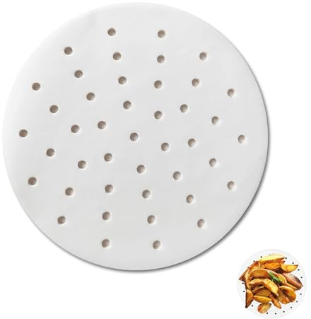 100 Blatt Perforiertes Dampfgarpapier, perforiertes Pergamentpapier, Rundes Backpapier, Luftfritteusen-Einlagen, perforierte Pergament-Fritteusen-Papiereinlagen, für Luftfritteuse, Backen
