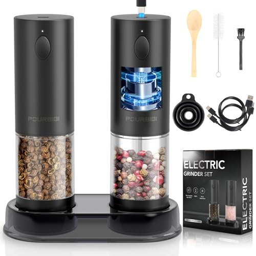Pourbibi Molinillo Pimienta, USB Molinillos de Pimienta Eléctricos Recargables Molinillos de con Base, Molinillo de Sal y Pimienta 2-pack, Molinillo Especias Luz LED Blanca y Aspereza Ajustable