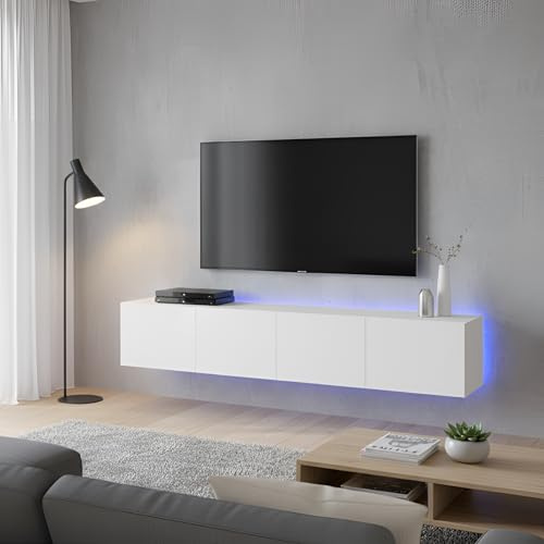 Canditree Ensemble Meubles TV Suspendu avec Lumières LED, Meuble TV Mural avec Rangement, étagère TV Flottante 160cm (Blanc)