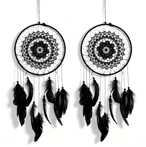 2 Stück Feder Traumfanger, Handgefertigte Feder Traumfanger Wand hängende Ornament Wanddekoration Kristallbaum des Lebens Traumfangers für Schlafzimmer Wohnzimmer (schwarz)
