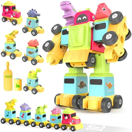 TOYABI Dinosaur Toys 5 in 2 Transformer Robot, 77 Pcs Building Train Sets, Educational Toy Gifts Ideas for 3+ 4 5 6 Years Old Boys, Christmas Birthday Diy Car Presents for Kids, Build Your Own Games