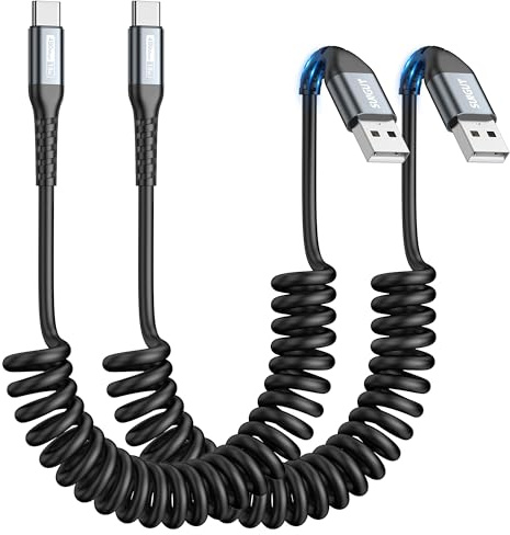 SUNGUY Cavo a Spirale USB C, 2Pezzi 1.2M [Lunghezza comoda: 0.3-0.8M] USB a USB-C e Cavo Dati per Android Auto, CarPlay, iPhone Serie 17/16/15, Galaxy S24 Ultra S23 FE, Google Pixel, Xiaomi - Grigio