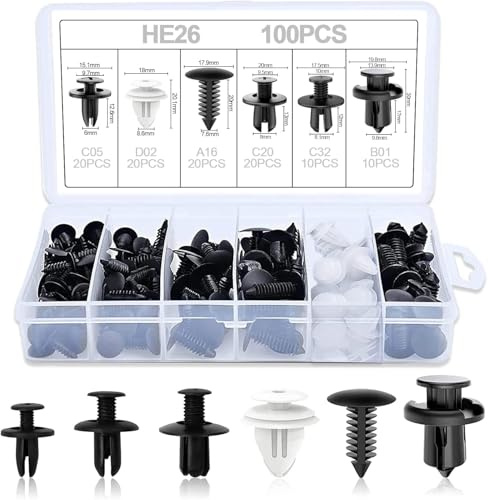 100 Pièces Rivet Clips Plastique Universel, 6 Taille Clips de Fixation Voiture, Rivet Plastique Fixation, Clips de Fixation pour La Plupart Auto Voitures Panneaux de Portes