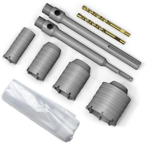IHVBRHHM Sierra de Corona para hormigón (110 mm a 4-21/64) con vástago SDS Plus de 220 mm y 2 colectores de Polvo: Ideal para perforar hormigón, Cemento, ladrillo, Piedra y Paredes