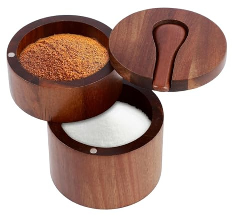 Jolsaawie Salero de madera, recipiente de especias de 2 niveles, caja de madera pequeña para almacenar sal, especias, hierbas o condimentos favoritos