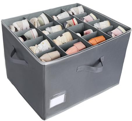 Foldable Shoe Storage Box for 16-Pair Shoes– Clear Lid Stackable Organiser with Reinforced Handles | Space-Saving Shoe Containers for Closet Wardrobe (Gery, 1-PACK)