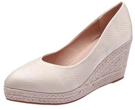 Ballerine da donna eleganti con zeppa décolleté slip-on scarpe singole in pizzo sandali chiusi con tacco alto scarpe da sera eleganti, beige., 36 EU