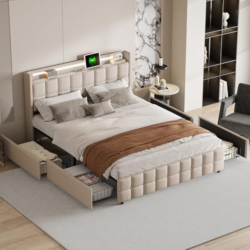 JYNVO Stauraumbett 140x200 cm mit Ladeanschlüssen und Beleuchtung, Moderner Stauraumbett mit 4 Schubladen, Polsterbett mit Lattenrost, Beiges Doppelbett aus Leinen, Jugendbett