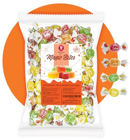 PERE’S CANDY Süßigkeiten Großpackung 1kg - Magic Bites - Fruchtige Geleemischung – 4 Sorten mit echtem Fruchtsaft – aus Italien - Süßigkeiten Großpackung - Einzeln Verpackt - Karnevals Wurfmaterial