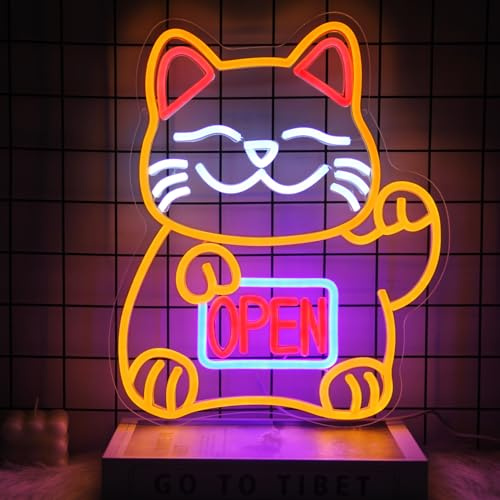 Lucky Cat Neon Sign Open LED Signs for Japanese Room Decor Fortune Cat Neon Light Dimmable Open Neon Signs for Wall Restaurant Ramen Shop Izakaya Sushi Bar Decor Business Openings