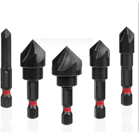 BYINGS Juego de 5 brocas avellanadas for metal, vástago hexagonal de 1/4 de pulgada, 82 grados, 5 ranuras, 1/4”, 3/8”, 1/2”, 5/8”, 3/4”