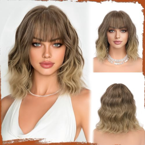 Sofeiyan Perücke Damen,30 cm Kurze Gewellte Bob Perücke mit Pony | Blonder Schatten Perücke Bob,Synthetische Perücke für Frauen Natürliche Lockige Perücken für Cosplay Alltag Party Halloween