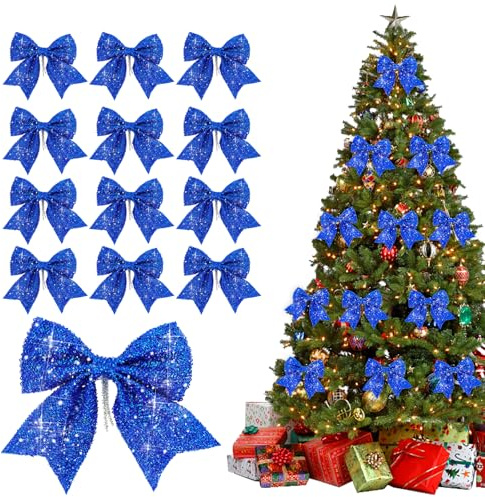 FePen Noeud Noel, 12 Pièces Noeud Sapin Noel Pailletés, Arcs de Noël, Décorations d'arbres, pour Arbres, Fêtes, Mariages, Coffrets Cadeaux (Bleu)