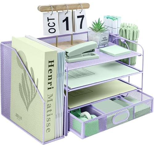 Schreibtisch-Organizer mit 4 Ebenen, extra vertikaler Aktenordner, Papier-Briefablage mit oberer Schreibwaren-Schublade, A4-Papier-Schreibtisch-Ablagen, Zeitschriftenhalter für Heimbüro, Lila