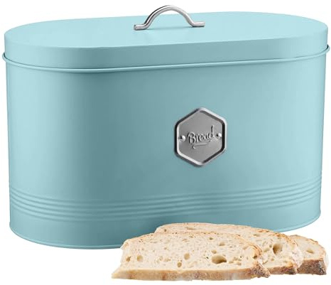 Cooks Professional Bread Bin | Modern Stylish Kitchen Countertop Labelled Metal Storage Canister | Breathable Container Box for Loaves, Pastries, Rolls | Blue & Silver