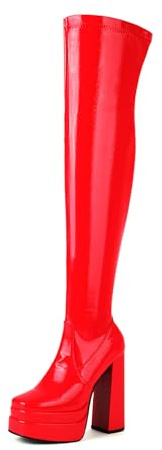 Stivali Donna sopra Il Ginocchio in Pelle Verniciata con Plateau Tacco Largo E Cerniera Laterale per Sfilate E Moda Stradale,Rosso,44 EU