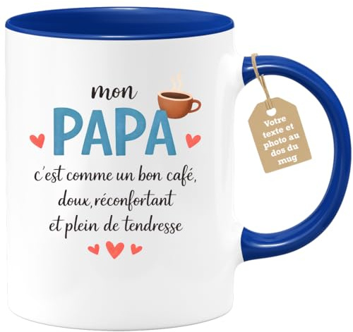 quotedazur Café-Croissant - Mug Personnalisé Papa Texte Photo - Tasse Fête Des Pères Mon Papa C'est Comme Un Bon Café - Cadeau Drôle Papounet - Bleu/céramique