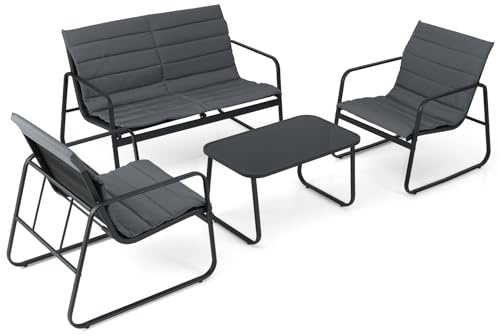 GIANTEX Juego de Muebles de Jardín 3/4 Piezas, Conjunto de Bistró con Sillas Acolchadas y Mesa de Café, para 2/4 Personas (Gris, 4 Piezas)