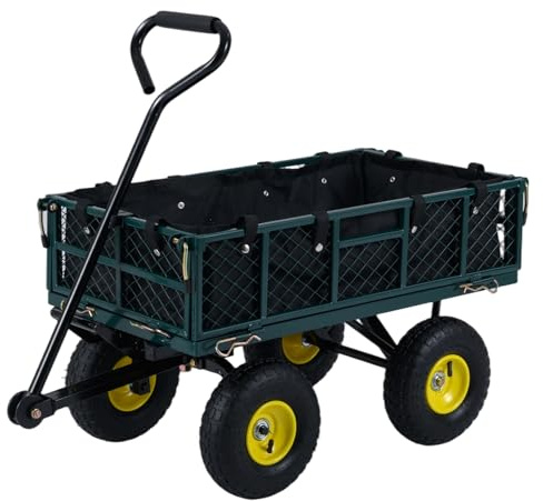 FANTASK Garten Handwagen, Bollerwagen Metall mit verstellbarem Griff, Tasche & Luftreifen, faltbar Gartenwagen 4 herausnehmbare Seiten, Plattformwagen Garten für Garten Camping Festival (Grün)