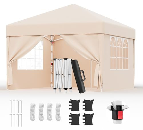 Devoko Tonnelle Pliante 3x3 Imperméable UPF50+, 3 Hauteurs Réglables, 4 Parois Amovibles, Tonnelle de Jardin pour 8-10 Personnes, Barnum Pliable avec Sac de Transport, pour Jardin/Marchés/Fêtes, Beige