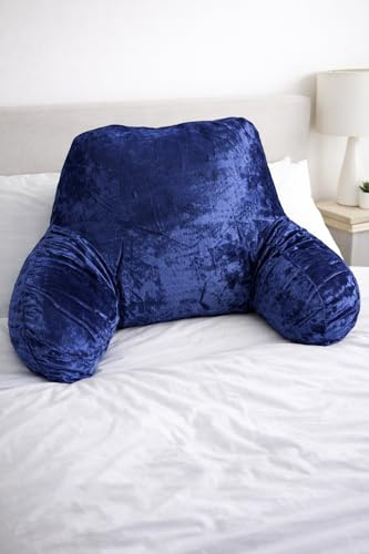 L S U Backrest Reading Pillow with Arms Crushed Velvet High Back Support Cushion for Sitting Up (navy)