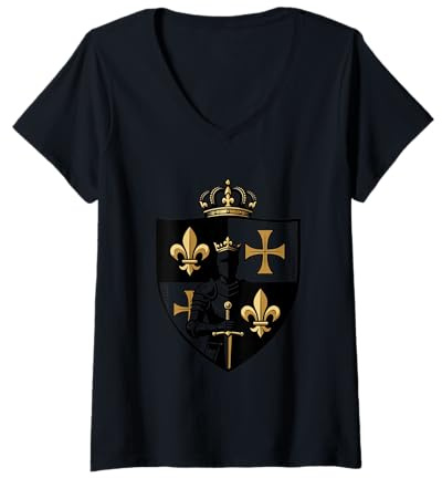 Femme Blason Royal Français Chevalier Fleur de Lys Médiéval T-Shirt avec Col en V