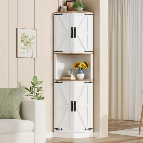 HIYYIH hörnskåp, 39,5 T x 56 B x 180 H cm | Vintage köksskåp med 5 förvaringsfack, tippskyddsanordning, 180 cm förvaringsskåp med vitt träutseende