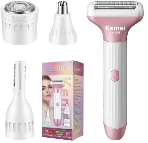 KEMEI Damenrasierer Elektrisch 4-in-1,Gesichtsrasierer Frauen/Ladyshaver | mit Nasenhaarentferner und Augenbrauen Trimmer, Wiederaufladbar über USB-C, Intimrasierer für Reisen & Zuhause