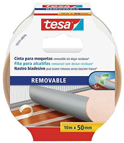 Tesa Biadesivo per Pavimenti Rimozione senza Residui - Nastro Biadesivo per Moquette, Pavimenti in Pvc - Nastro per Fissaggio Rinforzato in Tessuto, 10 m x 50 mm