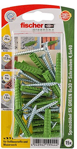 Fischer Spreizdübel SX Green 6x30 S K, 15 x Spanplattenschraube 4,5 x 40, 524820
