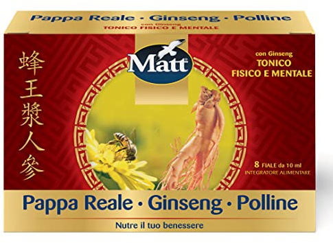 Matt, Pappa Reale Ginseng e Polline, Tonico Fisico e Mentale, Integratore Alimentare Senza Glutine Utile in Caso di Stanchezza Fisica e Mentale, Confezione con 8 Fiale da 10 ml