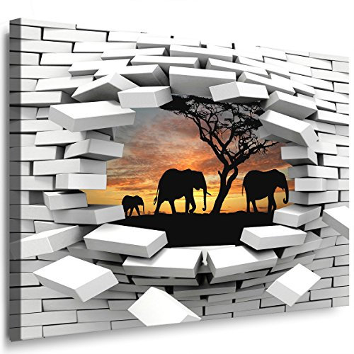 Julia-Art Bilder - Mauerloch 120 x 100 cm Leinwandbild XXL Wandbild Wanddeko modern Kunstdruck Elefanten 32wl6