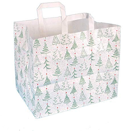 Papiertragetaschen Weihnachtstragetaschen Papiertüten Weihnachten Weihnachtsmotiv Weihnachtsbäumchen grün rot mit Flachhenkel weiß 110 g/qm (32 +21,5 x 27 cm, 250 Stück)