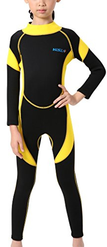 HISEA Combinaison de Plongée Enfant Unisexe en Néoprène 2.5MM Anti Froid pour Natation Plongée Sports Nautiques Noir et Jaune Age Adapté 8-9 Ans