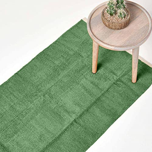 Homescapes waschbarer Chenille Teppich/Läufer 66 x 200 cm handgewebt aus 100% Baumwolle, grün/Dunkles Oliv