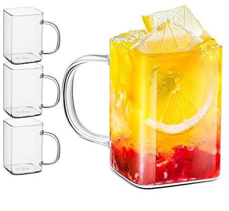LUXU Bicchieri da 226,8 g con manico, set di 4 bicchieri quadrati sottili, eleganti bicchieri da bar per acqua, succhi, birra, bevande, cocktail e bevande miste, in vetro quadrato senza piombo