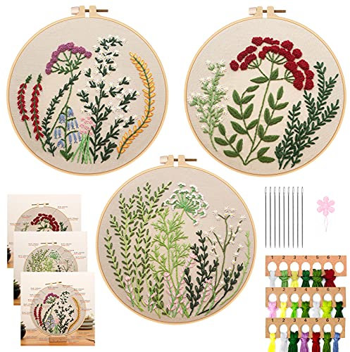 WIFUN Stickerei Set, Kreuzstich Set mit Stickrahmen, Stickgarn, Nadel, 3 Stück Blumenmuster, für Anfänger, DIY Kunst Handwerk Nähen