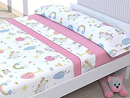 HM'S HOME'SECRET Juego de sábanas Infantiles Verano de Microfibra Transpirable Mod. Unicornio (Cama de 105 cm (105_x_190/200 cm))