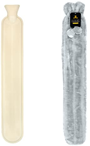 Long Hot Water Bottle with Cover Soft Fluffy Pom Pom Large 2 Litre (Silver)