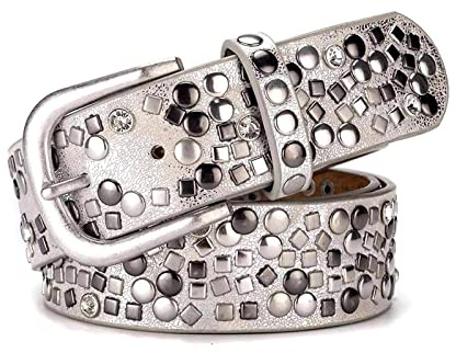 Elegantyl Leder + Pu-Nietengürtel, Strass, Damengürtel mit Nieten, Damen-Casual-Gürtel für Jeans-Accessoires, Silber, 105cm