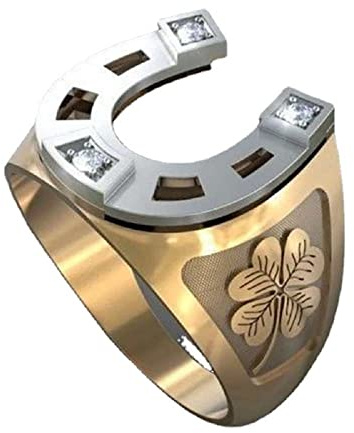 DOCCESTU Silver and Gold Two-Color Petal Inlaid U-Shaped Horseshoe Motorcycle Ring Men's Punk Rock Stainless Steel Ring with 3 Cubic Zirconia Personalized Creative Ring (Size 8)