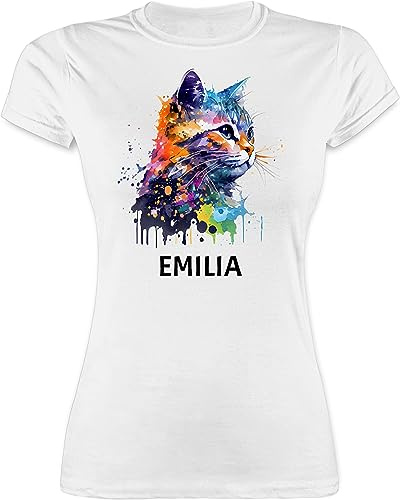 Shirt Damen - Katze Cat Citten Katzen Cats Katzenlieberhaber - L - Weiß - katzenmotiv Name t katzenliebhaberin katzenbesitzerin für Katzenfreunde Katzenliebhaber katzenfreund personalisierte