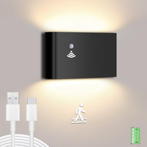 ledmo Schwarz Akku Wandleuchte mit Bewegungsmelder Innen LED Wandlampe Batteriebetrieben mit Schalter,12W USB Aufladbare Wandbeleuchtung Magnetische Flurlampe, für Schlafzimmer Wohnzimmer Treppe
