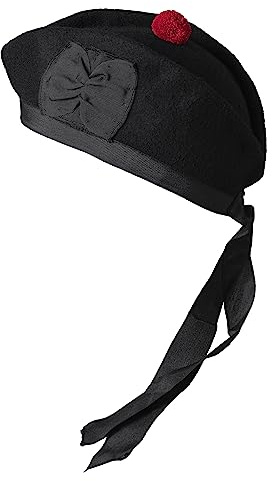 YAS Glengarry Cap - Sombrero tradicional escocés, accesorios de lana, 100 % lana pura, cinta de algodón de poliéster, Negro Liso, 63