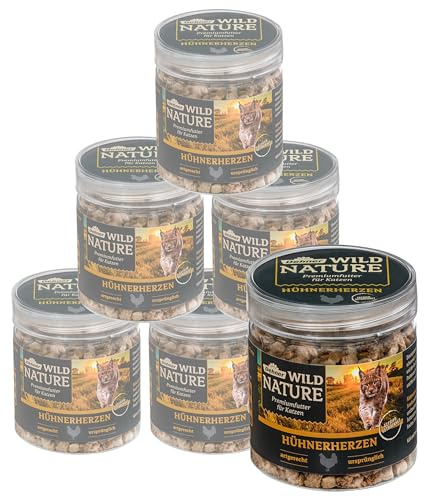 Dehner Wild Nature Katzensnack, Premium Leckerli glutenfrei / zuckerfrei, für ernährungssensible Katzen, gefriergetrocknet, Hühnerherzen, 6 x 20 g (120 g) | 120 g, glutenfrei / zuckerfrei, für ernährungssensible Katzen