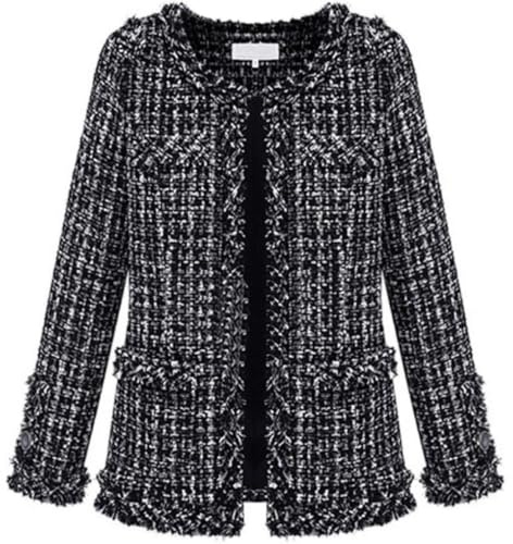 Leyoutx Blazer da Donna in Tweed Scozzese Senza Colletto Elegante Aperto sul Davanti con Frange Casual da Lavoro Giacca Glitterata, Nero, XX-Large