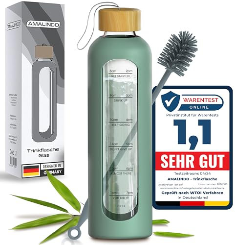 Amalindo Borraccia da 1 l in vetro infrangibile, bottiglia d'acqua da 1 l, bottiglia di vetro da 1 l, bottiglia da 1 l, bottiglia d'acqua con custodia in silicone e spazzola (senza BPA) – Oliva