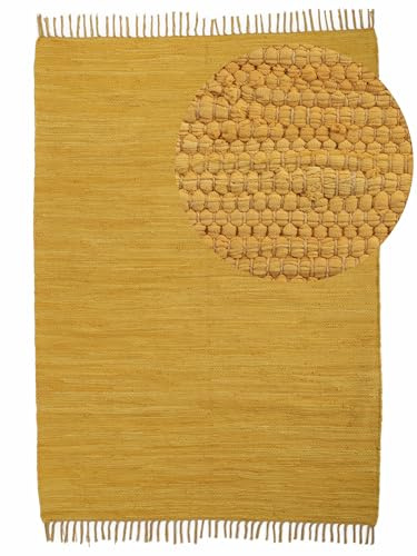 carpetfine Flickenteppich Kelim Chindi Uni Gelb 120x170 cm, handgewebt | Fleckerlteppich aus Baumwolle für Wohnzimmermit Fransen