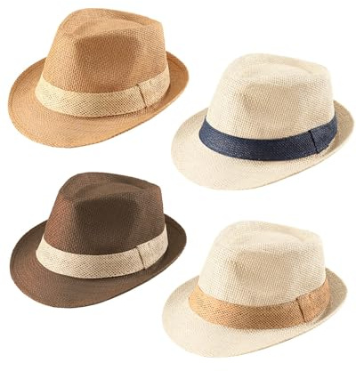 Forwe 4 Pack Straw Fedora Hat Short Brim Classic Panama Summer Beach Sun Hat for Adult(B-01)