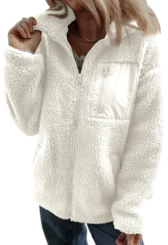 Dokotoo Jackets for Women Warm Solid Color Turn-Down Collar Comfy Sherpa Jackets Full Zipper Up Long Sleeve Winter Clothing for Women Relaxed Fit Cozy Fleece Teddy Coats with Pockets White Medium